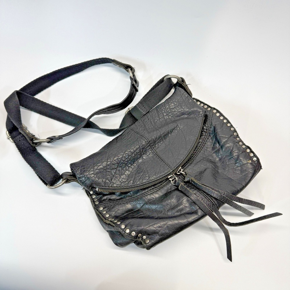 The‎ SAK Silverlake Black Pebble Leather Studded Tassel Crossbody Bag Biker